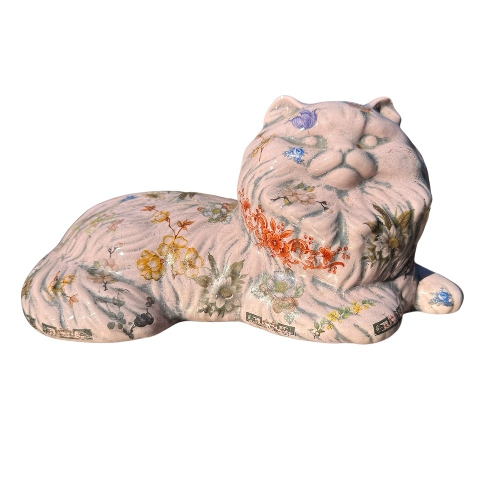 Vintage Bisque Ceramic Persian Cat Figurine: Pastel Pink & Floral, 1980s Decor